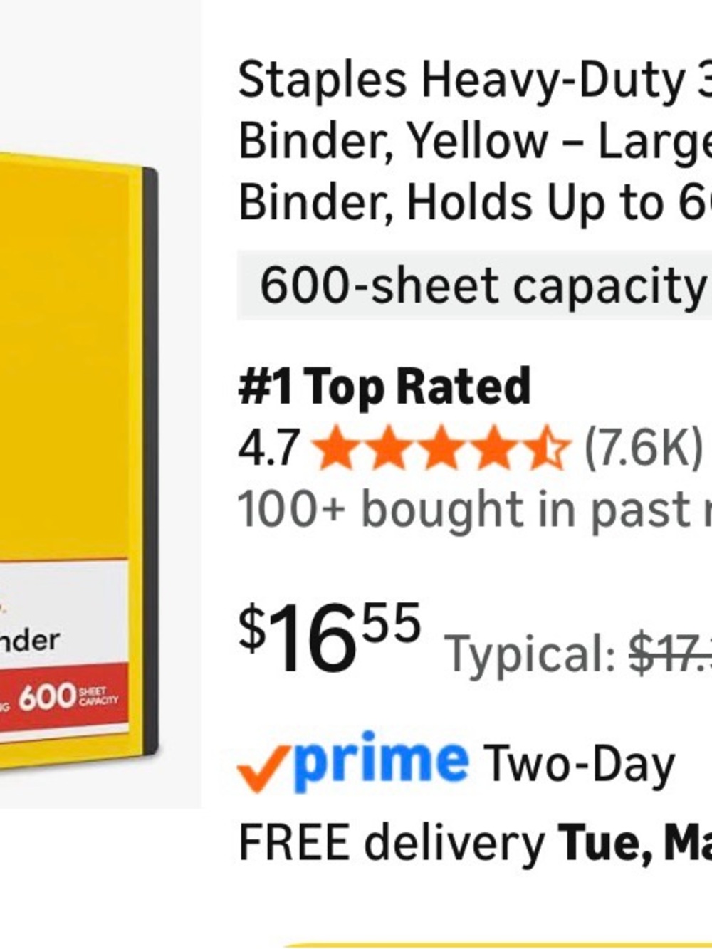Two Staple Better Binder 3-Inch D-Ring Durable Home Office Binder - Yellow - Picture 4 of 4